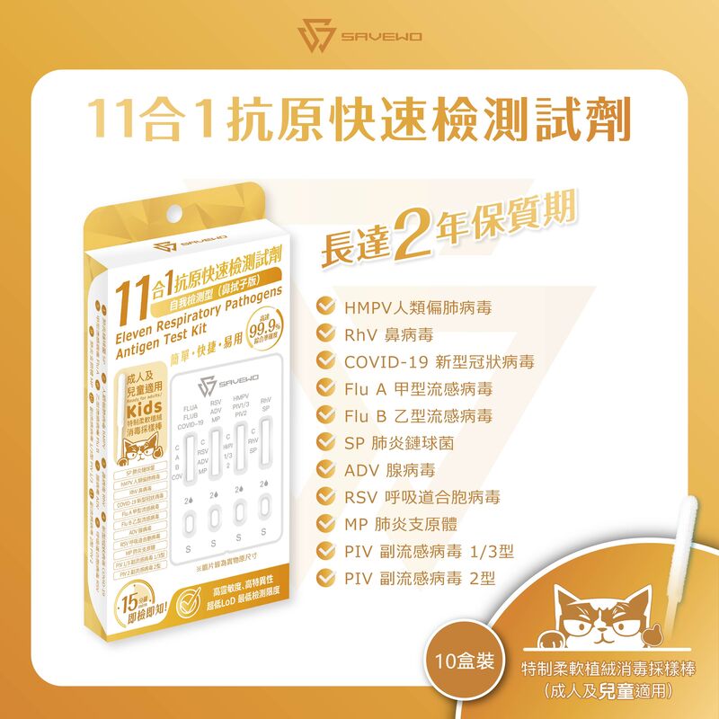 *10支裝* SAVEWO 十一合一抗原快速檢測試劑 新型冠狀病毒 (COVID-19) / 鼻病毒 (RhV) / 人類偏肺病毒 (hMPV) / 肺炎鏈球菌 (SP) / 肺炎支原體 (MP) / 合胞病毒 (RSV) / 腺病毒 (ADV) / 副流感1/3型 (PIV 1/3) / 副流感2型 (PIV 2) / 甲型流感 (Flu A) / ⼄型流感 (Flu B)