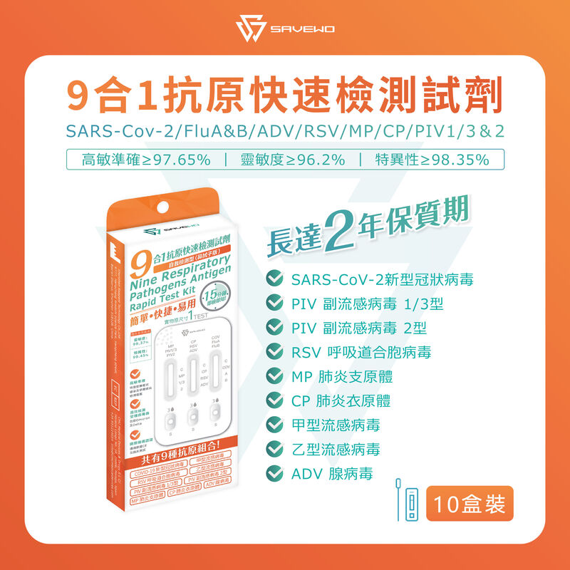 *10支裝* SAVEWO 九合一抗原快速檢測試劑 (新型冠狀病毒 Covid-19 / 呼吸道合胞病毒 RSV / 甲型流感 Flu A/ ⼄型流感 Flu B/ 腺病毒 RSV/ 肺炎支原體 MP/副流感 PIV 1/3型/副流感PIV 2型/肺炎衣原體 CP)